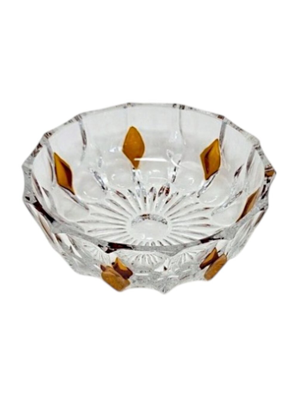 VTG Echt Bleikristall Diamond Pressed Lead Crystal Bowl Amber Accents MCM 5"